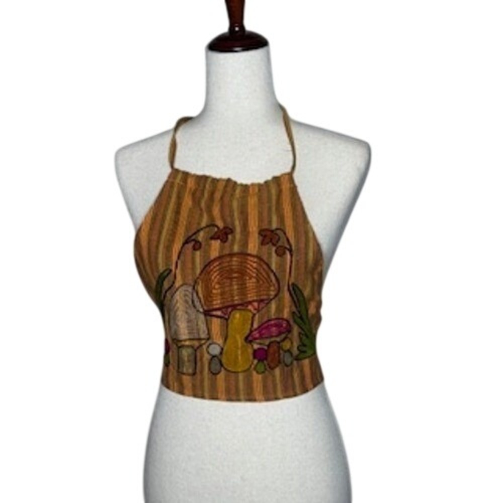 Lakhays Mushroom Embroidered Halter Top Striped Boho Festival Crop Top NWT